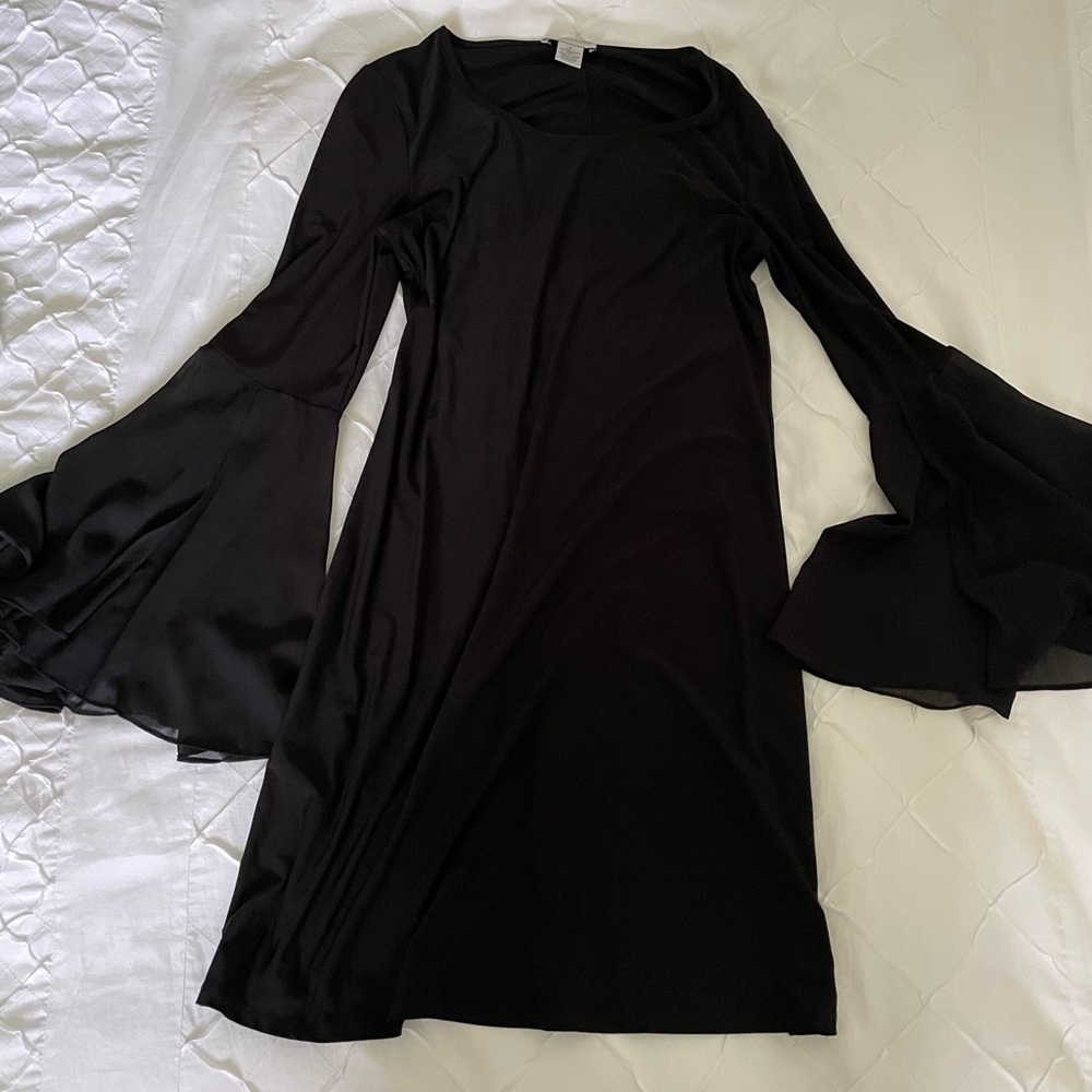 Carmen Marc Valvo Black Sheath Dress with Bell Sleeves